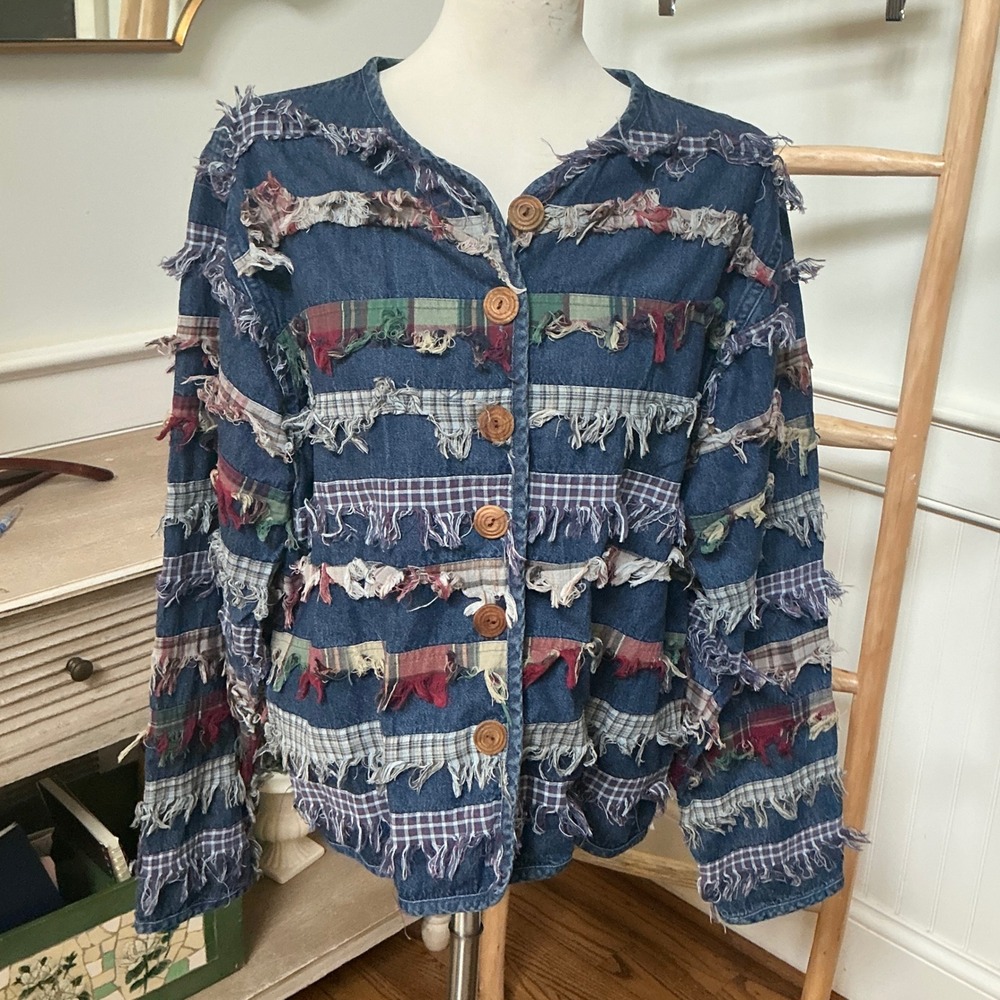 New Direction Plus Denim Patchwork Plaid Frayed Fringe Jacket 3X Blue Cotton